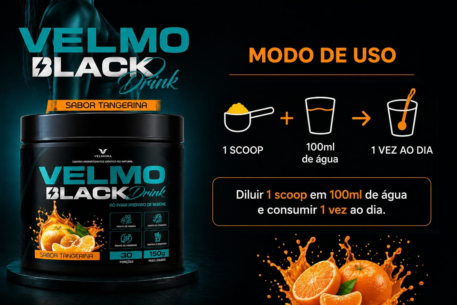 Modo de uso do Velmo Black Drink sabor tangerina